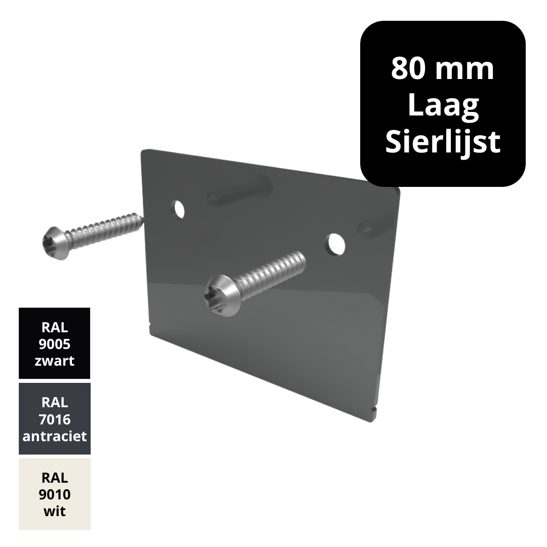Eindschotje 80 mm sierlijst – laag – RAL gecoat – inclusief RVS schroef 3 Eindschotje 80 mm sierlijst – laag – RAL gecoat – inclusief RVS schroef