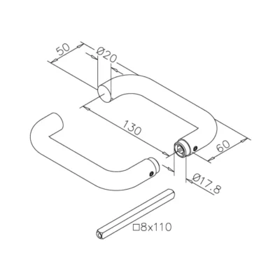 Beslag deurkruk set Rechte vorm (90°) RVS - technische tekening